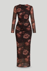 Vestido de tule LUSH com estampa paradisíaca em marrom para um visual elegante