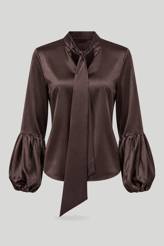 Damen-Satinbluse VIVIENNE – braune Eleganz – снимка на продукта