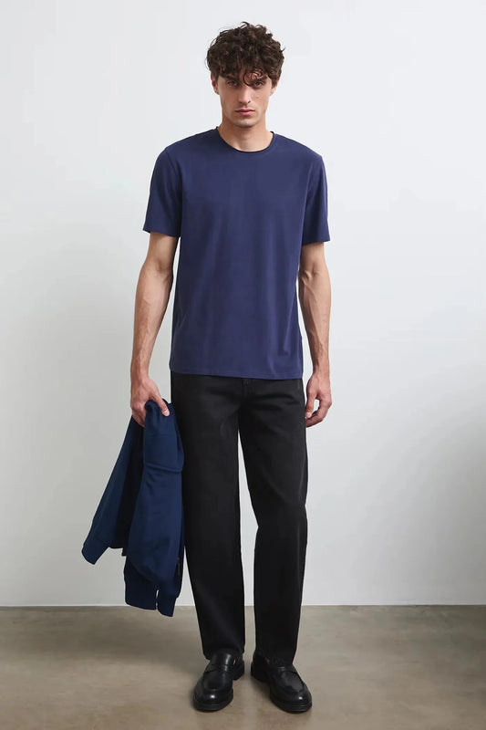 Тъмносиня мъжка базова тениска от памук с еластан Medicine Roberto Fashion Store T-shirt RW26-TSM013-59X-S S
